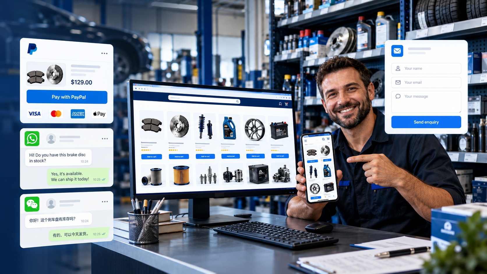 Illustration of PayPal, WhatsApp, WeChat and online contact form alongside a shop