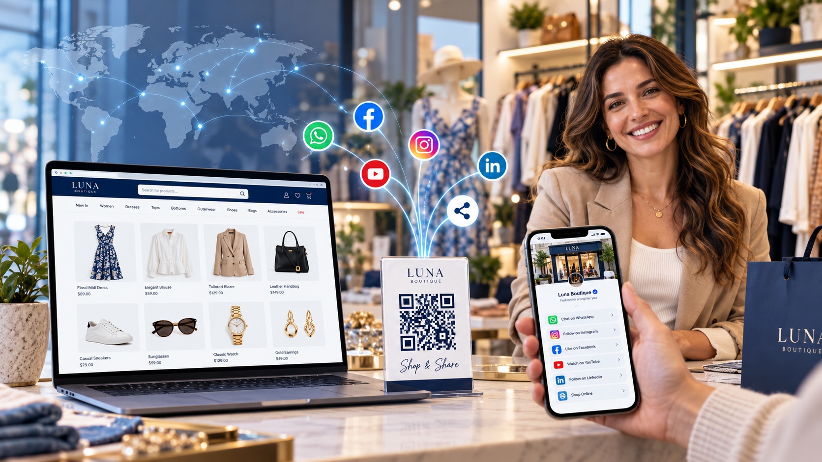 Illustration of worldwide sharing, QR codes and saving business contacts