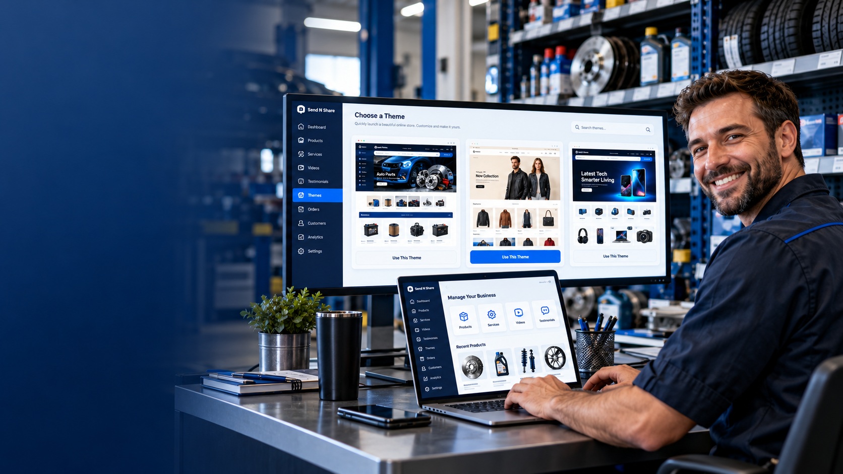 Illustration of products, services, advertising, reviews and contact sections